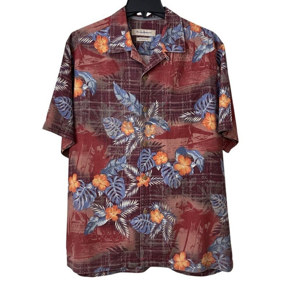 Tommy Bahama Shirt Mens M Hawaiian Floral 100% Silk Button Front Loop Collar